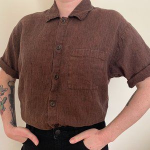 Flax Linen Button Up Short Sleeved Brown Minimalist Style Shirt